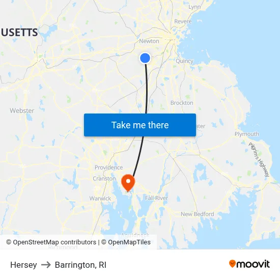 Hersey to Barrington, RI map
