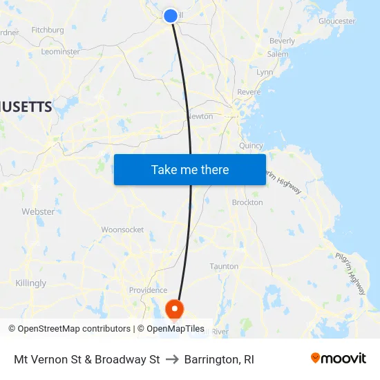 Mt Vernon St & Broadway St to Barrington, RI map