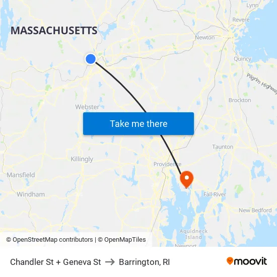 Chandler St + Geneva St to Barrington, RI map