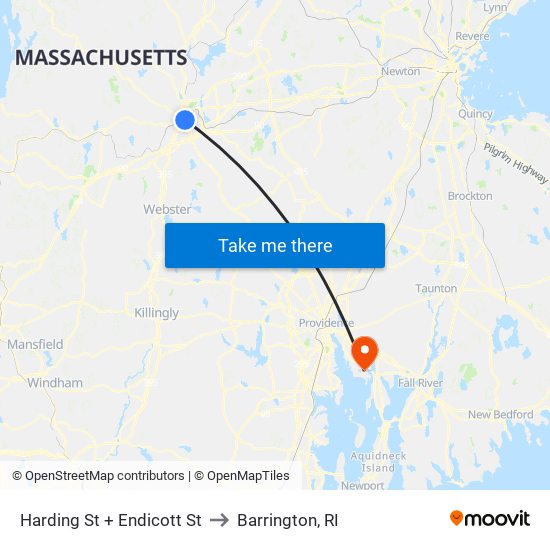 Harding St + Endicott St to Barrington, RI map