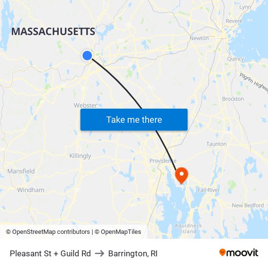 Pleasant St + Guild Rd to Barrington, RI map