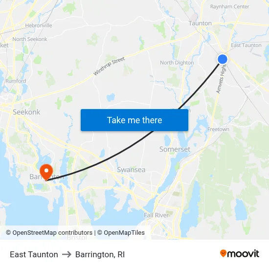 East Taunton to Barrington, RI map
