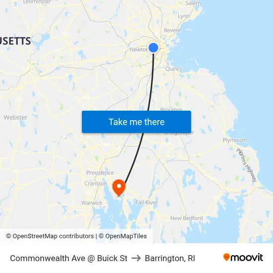 Commonwealth Ave @ Buick St to Barrington, RI map