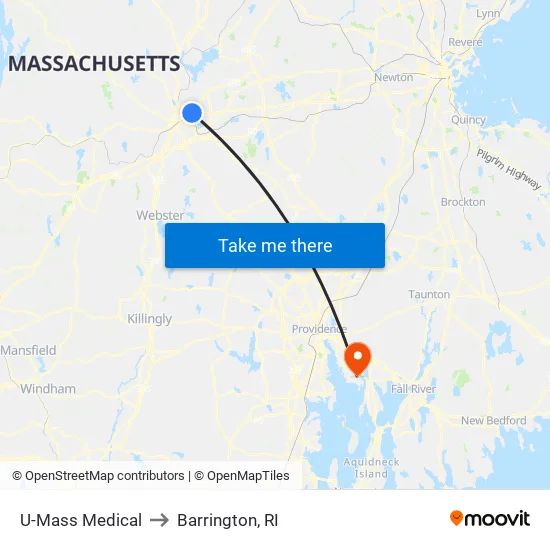 U-Mass Medical to Barrington, RI map