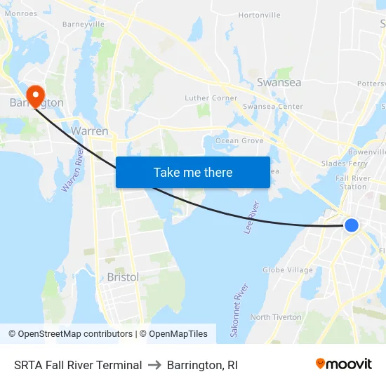 SRTA Fall River Terminal to Barrington, RI map
