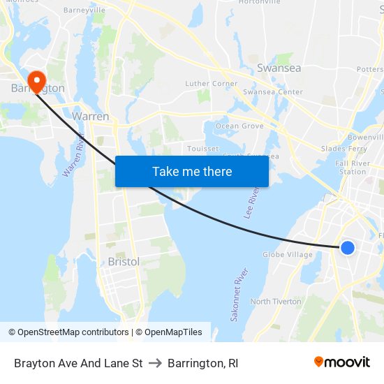 Brayton Ave And Lane St to Barrington, RI map