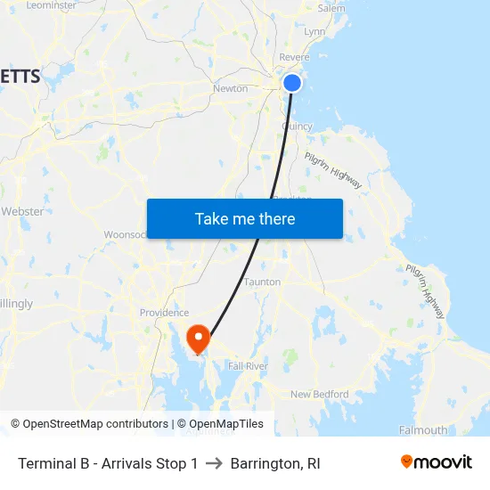 Terminal B - Arrivals Stop 1 to Barrington, RI map