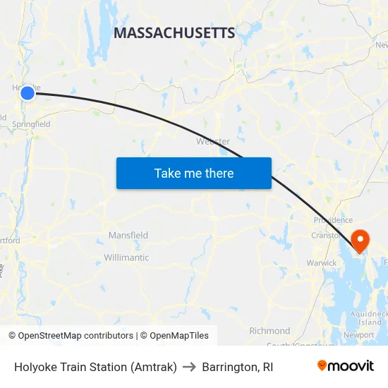 Holyoke Train Station (Amtrak) to Barrington, RI map