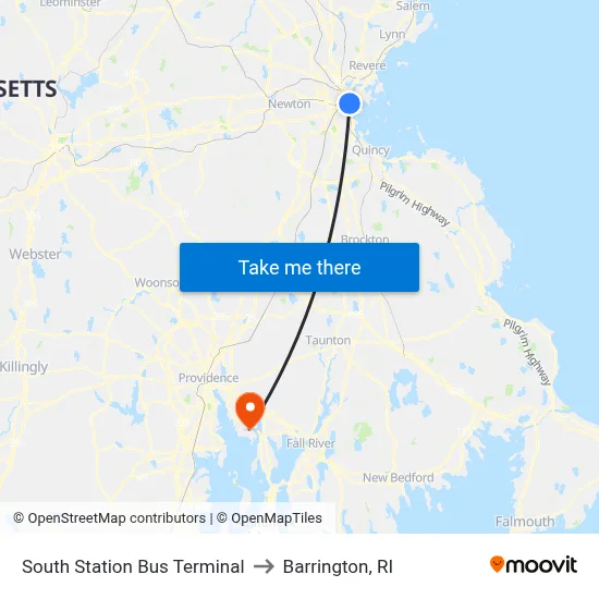 South Station Bus Terminal to Barrington, RI map