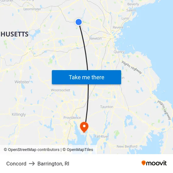 Concord to Barrington, RI map