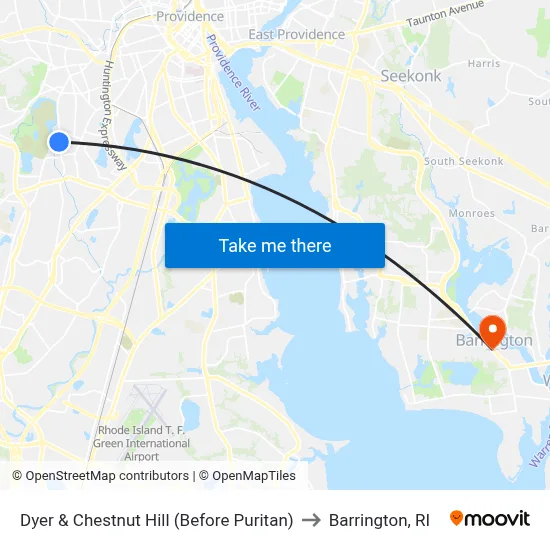 Dyer & Chestnut Hill (Before Puritan) to Barrington, RI map