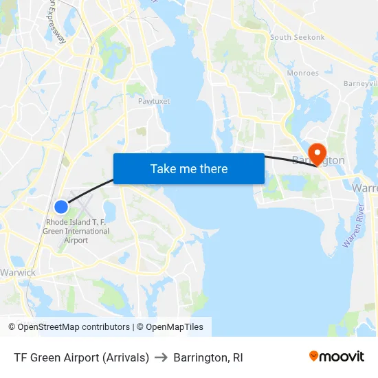 TF Green Airport (Arrivals) to Barrington, RI map