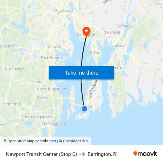 Newport Transit Center (Stop C) to Barrington, RI map