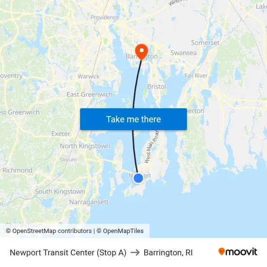 Newport Transit Center (Stop A) to Barrington, RI map