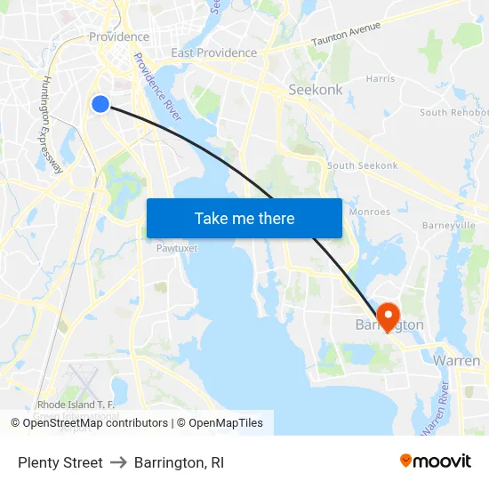 Plenty Street to Barrington, RI map