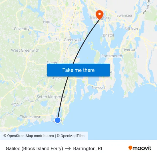 Galilee (Block Island Ferry) to Barrington, RI map