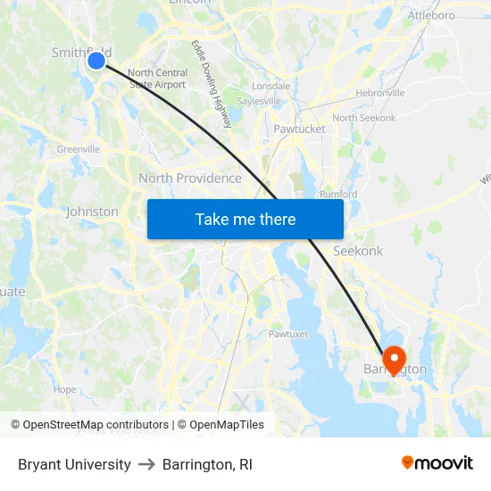 Bryant University to Barrington, RI map
