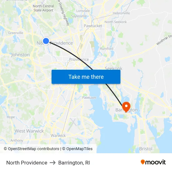 North Providence to Barrington, RI map