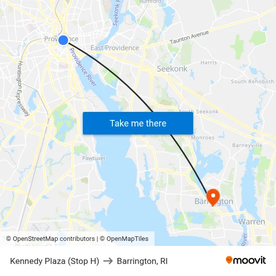 Kennedy Plaza (Stop H) to Barrington, RI map