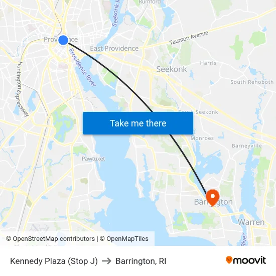 Kennedy Plaza (Stop J) to Barrington, RI map