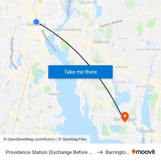 Providence Station (Exchange Before Park Row W) to Barrington, RI map