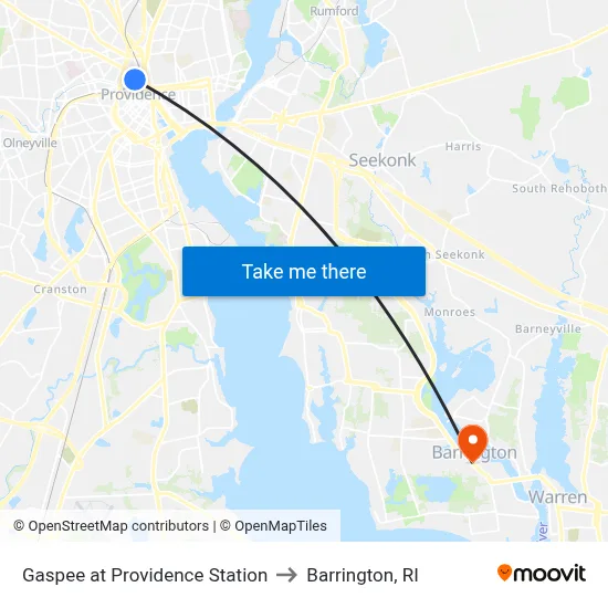 Gaspee at Providence Station to Barrington, RI map