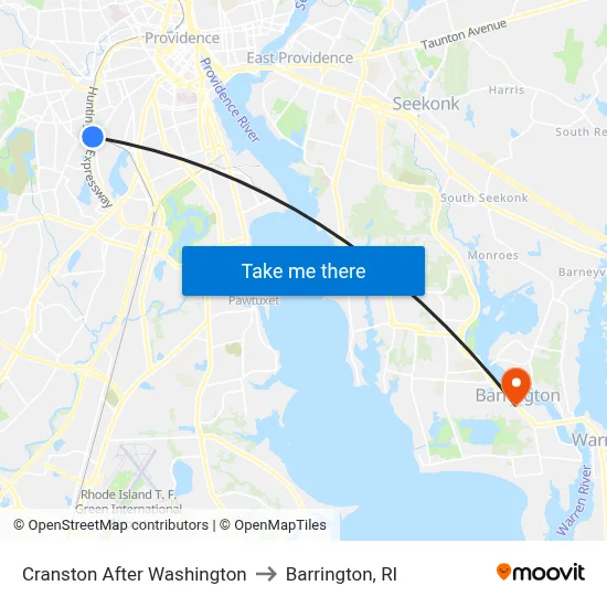 Cranston After Washington to Barrington, RI map
