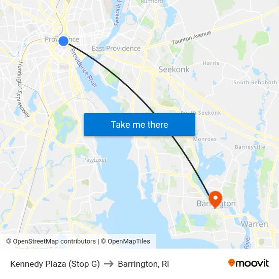 Kennedy Plaza (Stop G) to Barrington, RI map