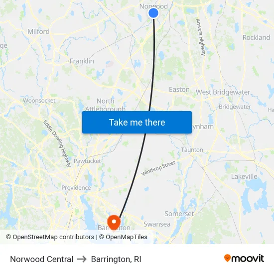 Norwood Central to Barrington, RI map