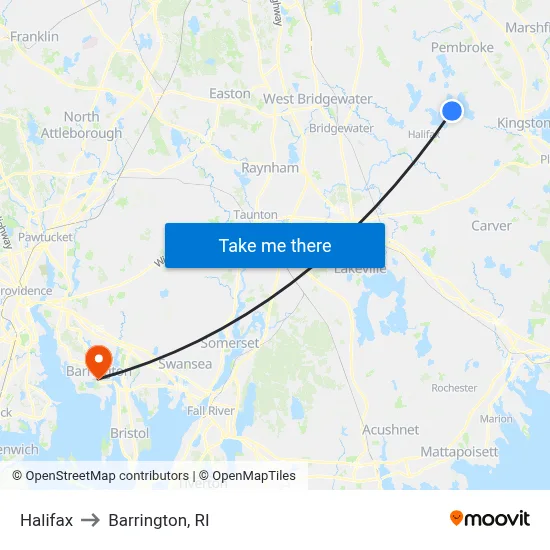 Halifax to Barrington, RI map