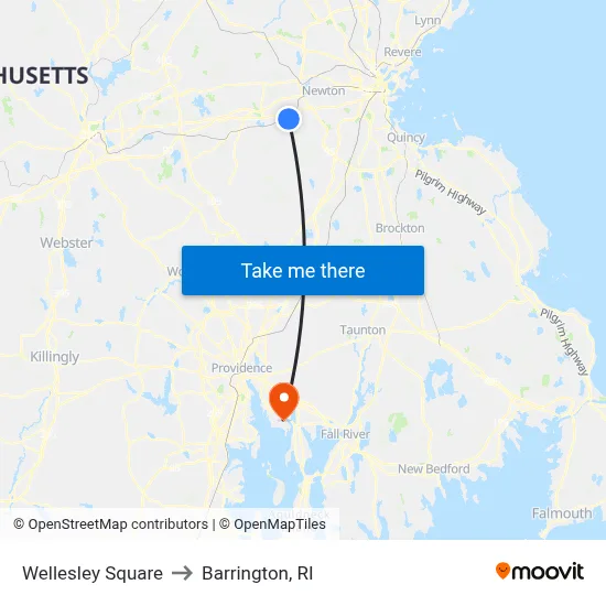 Wellesley Square to Barrington, RI map