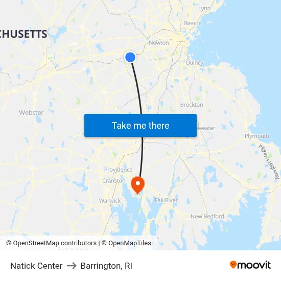 Natick Center to Barrington, RI map