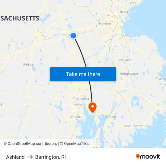 Ashland to Barrington, RI map