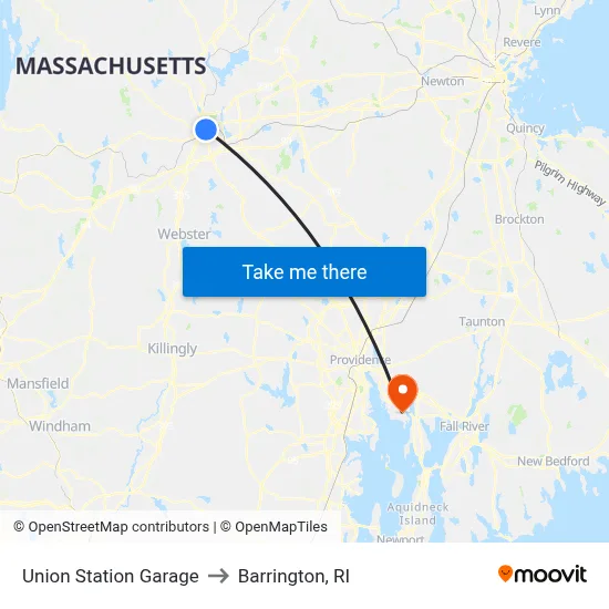 Union Station Garage to Barrington, RI map