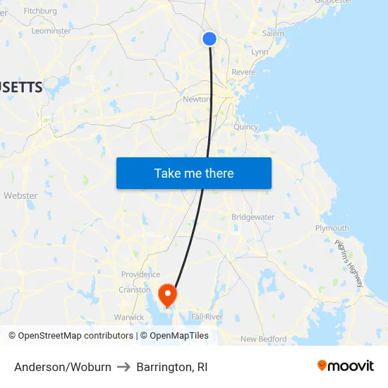 Anderson/Woburn to Barrington, RI map