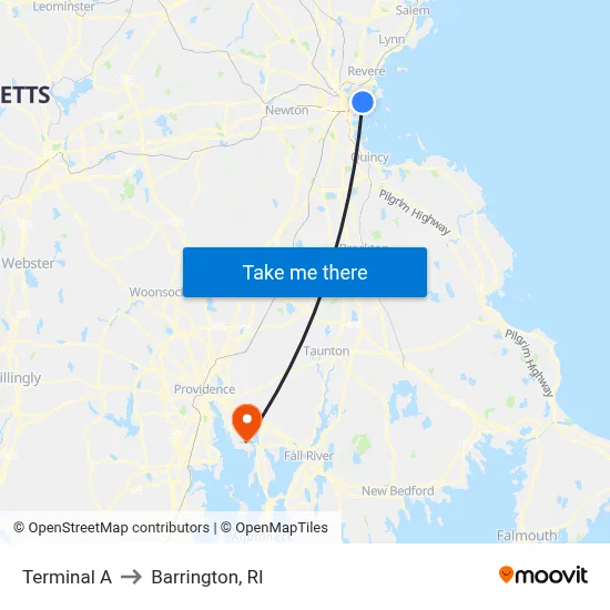 Terminal A to Barrington, RI map