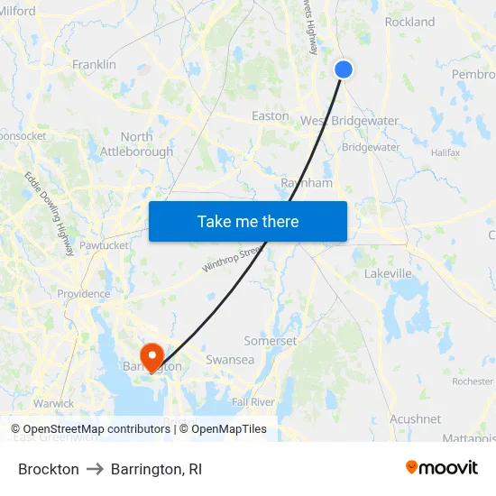 Brockton to Barrington, RI map