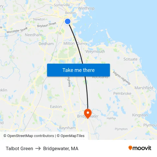 Talbot Green to Bridgewater, MA map