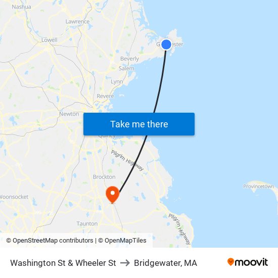 Washington St & Wheeler St to Bridgewater, MA map
