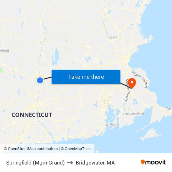 Springfield (Mgm Grand) to Bridgewater, MA map