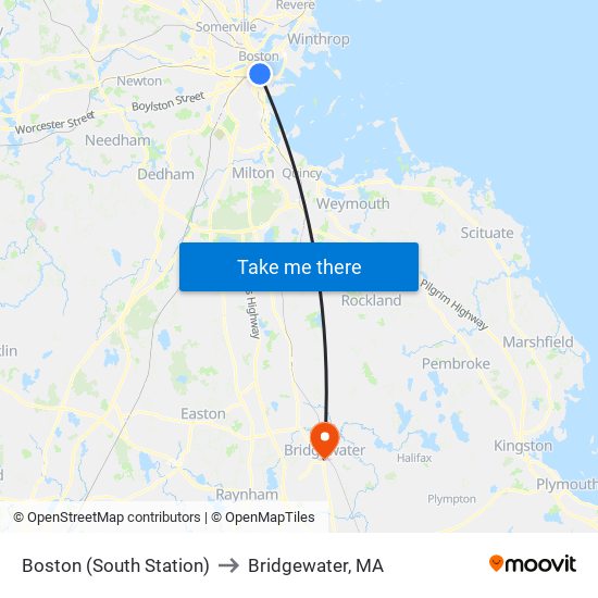 Boston (South Station) to Bridgewater, MA map