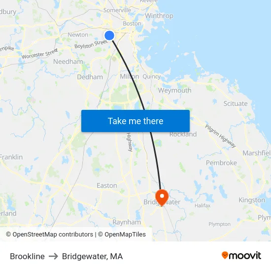 Brookline to Bridgewater, MA map