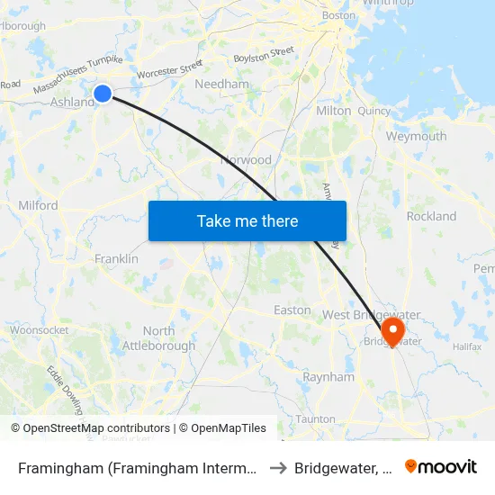 Framingham (Framingham Intermodal) to Bridgewater, MA map