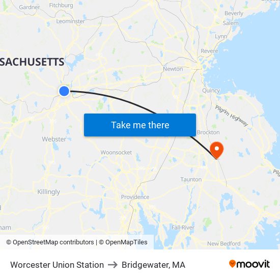 Worcester Union Station to Bridgewater, MA map
