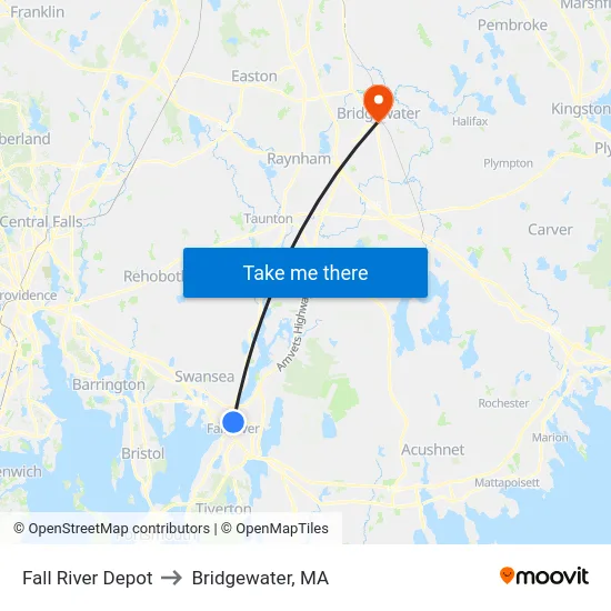 Fall River Depot to Bridgewater, MA map