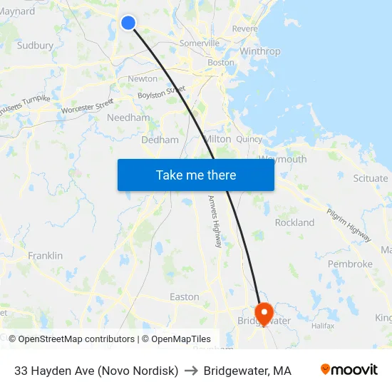 33 Hayden Ave (Novo Nordisk) to Bridgewater, MA map