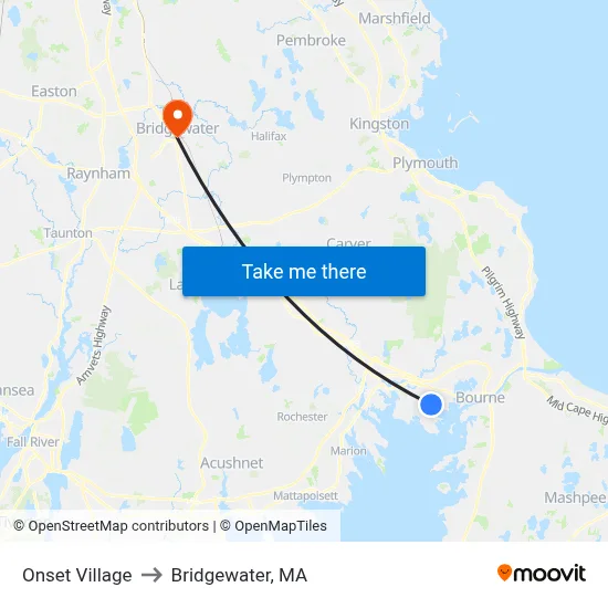Onset Village to Bridgewater, MA map