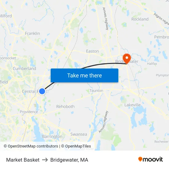 Market Basket to Bridgewater, MA map