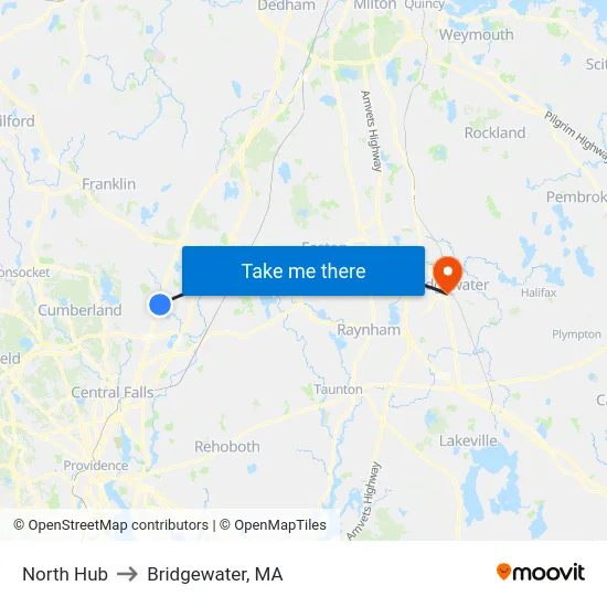 North Hub to Bridgewater, MA map
