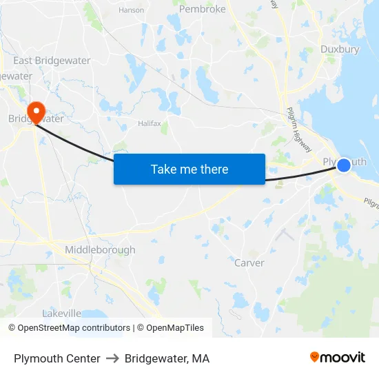 Plymouth Center to Bridgewater, MA map